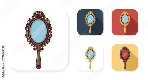 Illustration of an ornate hand mirror with a brown frame, shown alongside variations with different backgrounds and color schemes.