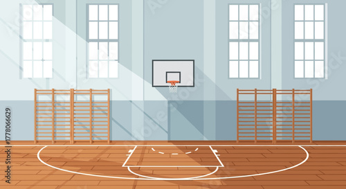 An illustration of an empty indoor basketball court with a wooden floor, basketball hoop, and light blue walls with windows.