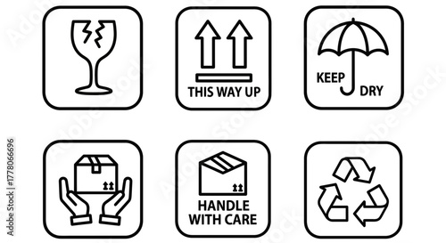 Six black and white packaging symbols illustrating fragile, orientation, keep dry, handle with care, and recycling instructions.
