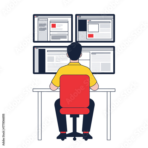 Person sitting at a desk facing four computer monitors displaying website layouts, viewed from behind.