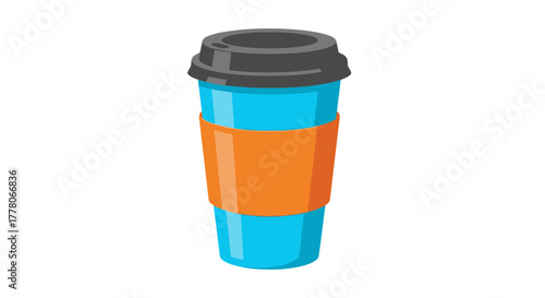 A cartoon illustration of a blue disposable coffee cup with an orange sleeve and a grey lid, isolated on a white background.