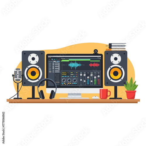Illustration of a home recording studio setup with computer, audio editing software, speakers, microphone, headphones, and plant on a desk.