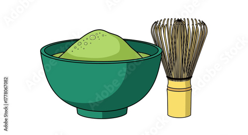 Illustration of a green bowl filled with matcha powder, alongside a traditional bamboo whisk used for preparing the tea.