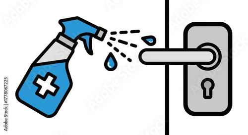 Illustration of a spray bottle disinfecting a door handle with visible droplets indicating sanitization.
