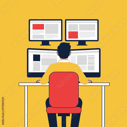 Back view of a man sitting at a desk working on multiple computer monitors.