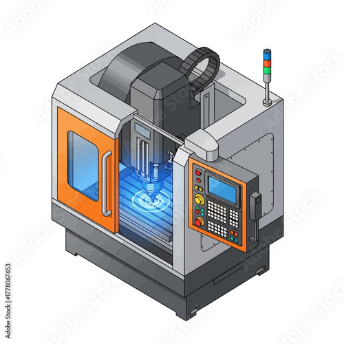 Precision Isometric Vector Illustration of CNC Milling Machine with Orange Control Panel