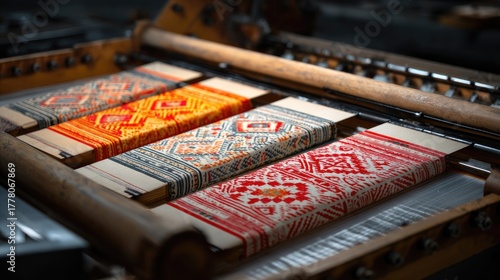Traditional textile weaving process showcasing colorful patterns on a loom with intricate designs capturing the essence of craftsmanship and artistry