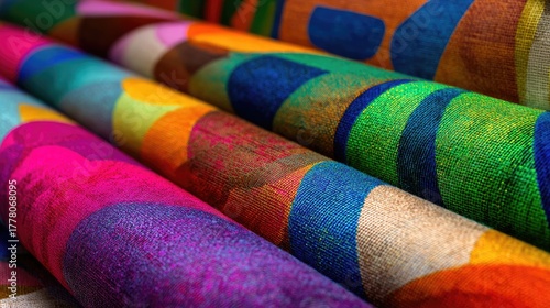 Colorful Fabrics with Geometric Patterns for Vibrant Textile Designs and Crafts, Showcasing Rich Textures and Vivid Colors in Close-Up View