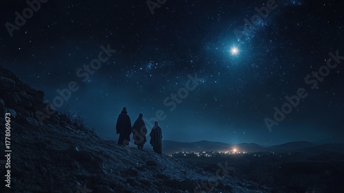 Three wise men and the Star of Bethlehem above desert landscape