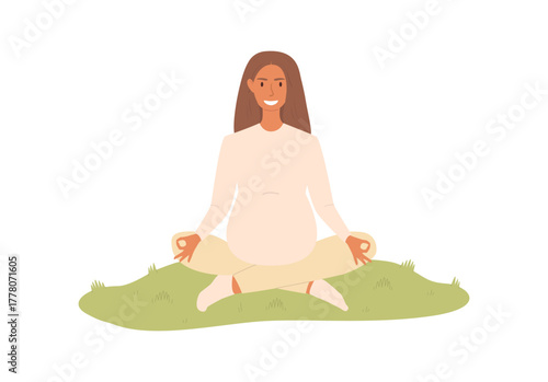 Vector illustration of a pregnant woman practicing yoga outdoors. She sits in a lotus pose on the grass, calm and relaxed. Concept of motherhood, mindfulness, and healthy lifestyle.