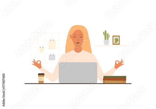 Flat vector illustration of a woman meditating in the workplace, sitting in front of a computer. The concept of relaxation and meditation during the working day to avoid stress and burnout.