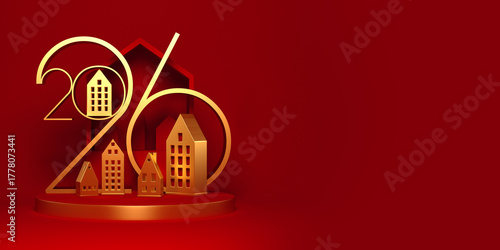 2026 New Year illustration with abstract golden houses. 3D render.