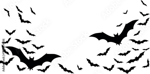 Vector illustration of black bats flying in a spooky swarm, silhouetted against a white background, ideal for Halloween, eerie nocturnal themes, and graphic designs