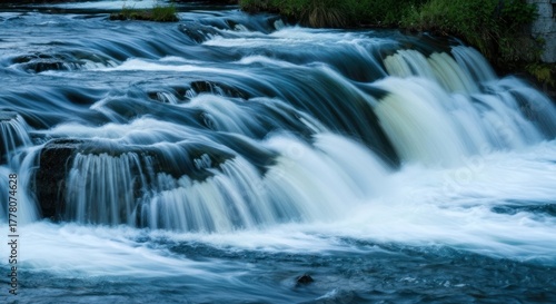 Rushing water over dark rocks forms a short, wide waterfall in a lush setting