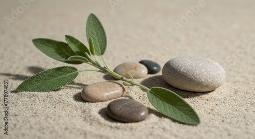 Sage leaves & small stones arranged on sand. Simple & calming image