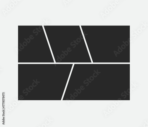This photo collage template features five dark rectangular areas split across two rows, separated by thin white lines, including two diagonal splits in the top row and one in the bottom.