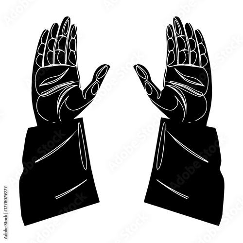 Black silhouette vector illustration of hands holding a fan with gloves and fingers