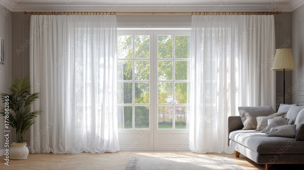 Fototapeta premium Bright and Airy Living Room with Sheer White Curtains, Modern Sofa, Potted Plant, and Beautiful Garden View through Large Windows