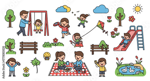 Cute family enjoying picnic and playtime in the park. Parents and kids flying kites, swinging, playing frisbee, and relaxing outdoors with trees, pond, ducks, and sunshine. Bright cartoon vector perfe