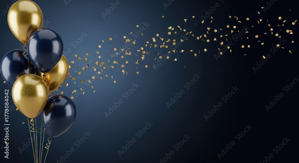 Obraz premium Colorful balloons in gold and navy blue with confetti scattered against a dark background, creating a festive atmosphere for New Year and Christmas celebrations