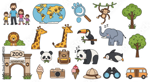 Cartoon zoo illustration with animals, people, and zoo entrance.