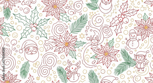 A charming doodle-style Christmas pattern featuring Santa Claus, snowmen, reindeer, elves, poinsettias, and holly.