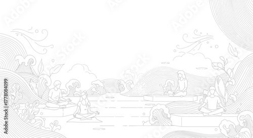 A serene illustration depicts individuals meditating in a tranquil natural setting with flowing water and gentle hills.