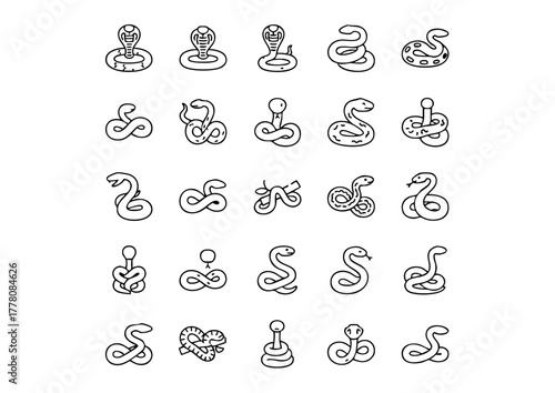 Reptile Riches: 25 Unique Black and White Snake Vector Icons, Serpent Set: Minimalist Line Art Snake Icon Collection, Black and White Fauna: Diverse Snake Silhouettes