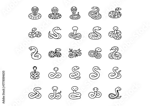 Reptile Riches: 25 Unique Black and White Snake Vector Icons, Serpent Set: Minimalist Line Art Snake Icon Collection, Black and White Fauna: Diverse Snake Silhouettes