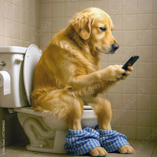 A golden retriever humorously sits on a toilet, engrossed in a smartphone while wearing blue-striped pajama bottoms around its hind legs  