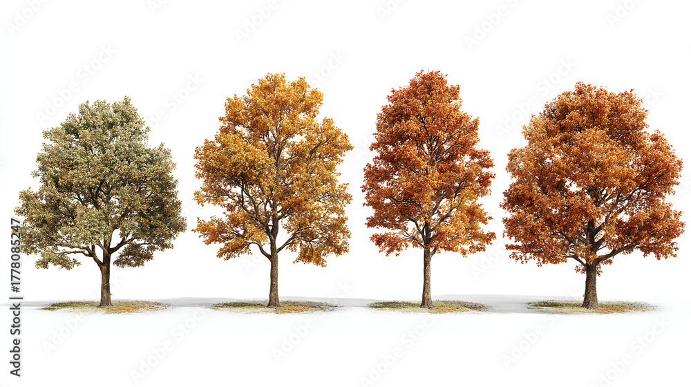 Naklejka premium Set of 4 autumn Quercus serrata (commonly known as the jolcham oak) trees isolated on a white background perfectly cutout Stock Illustration