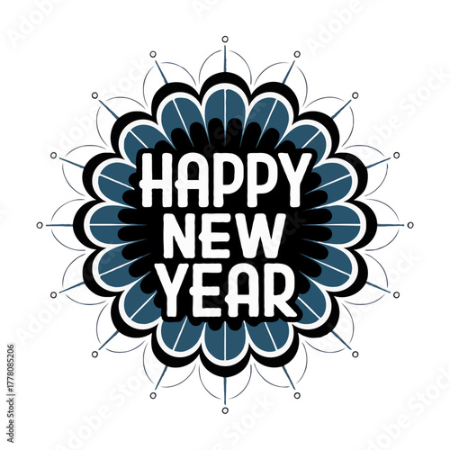 Happy new year text inside a decorative circular mandala design with blue and black petals isolated on white background