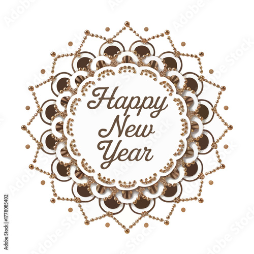Elegant mandala design with happy new year text in the center intricate patterns and decorative elements isolated on white background