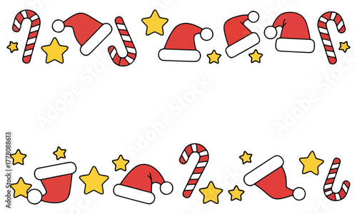Christmas vector illustration with santa hats, candy canes and stars, vector border