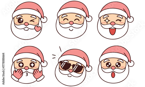Jolly Santa Claus cartoon vector head expressions set for festive Christmas holiday designs