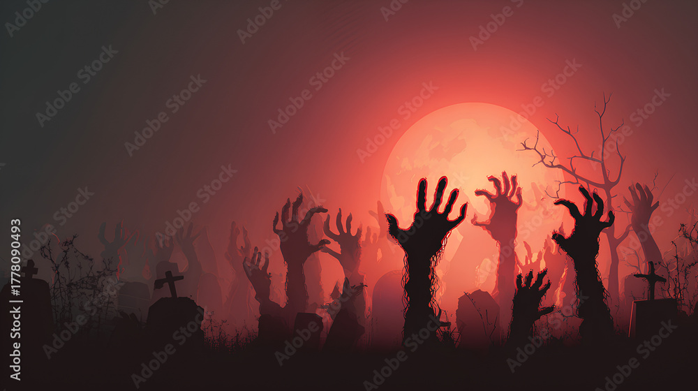 Fototapeta premium Shadow overlay effect for halloween background with Terrifying scary hands with long nails, Creepy monster claw, silhouette of hands, zombie hand rising out of a graveyard