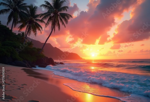 Stunning Tropical Beach Paradise with Colorful Horizon and Swaying Palm Trees at Dusk