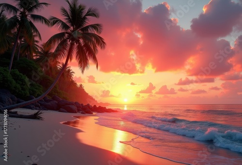 Tropical Beach Paradise with Vivid Sunset Silhouette of Palm Trees Against Orange and Pink Sky