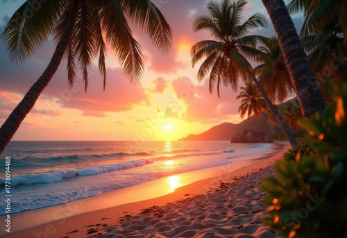 Vibrant Tropical Beach at Sunset with Lush Palm Trees, Calm Waves, and Breathtaking Horizon