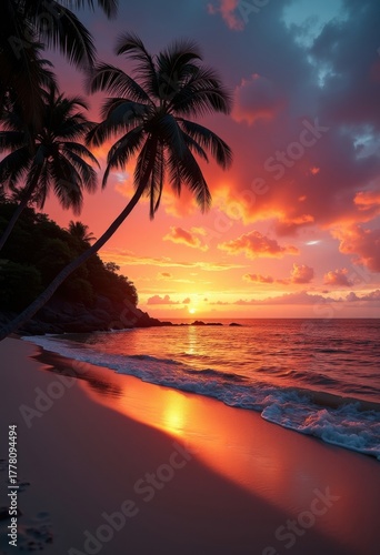Vibrant Tropical Beach Scene with Exquisite Sunset and Silhouetted Palm Trees Glowing Against the Horizon