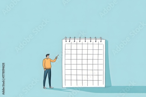 Man standing beside large wall calendar with blue background, minimal illustration.