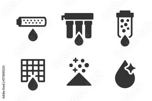 Water filtration system icons depicting purification stages and elements.