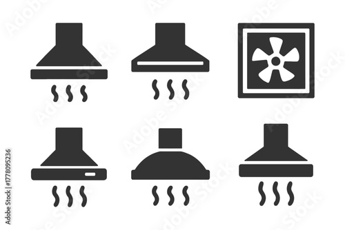 Vector set of kitchen extractor fan icons in black and white.