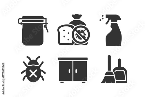 Pest prevention icons: food storage, cleaning, bug control, cabinet, broom.