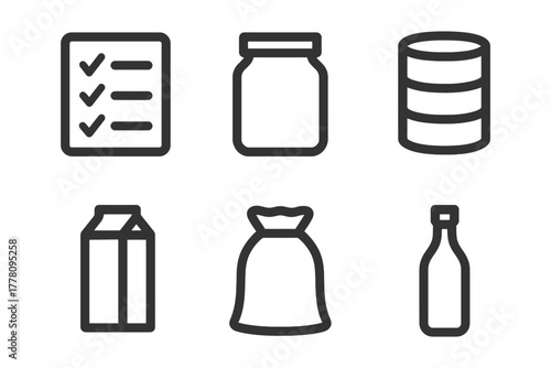 Set of six black and white line icons: checklist, jar, database, milk carton, sack, bottle.