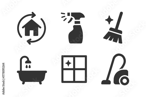 Home cleaning icons: broom, spray bottle, bathtub, window, vacuum, eco-friendly symbols.