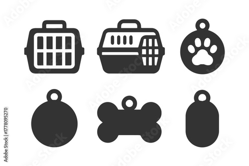 Set of pet carrier and tag silhouettes in black and white.