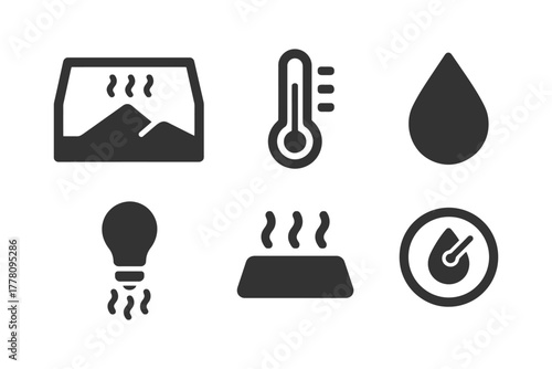 Climate control icons set featuring temperature, humidity, light, and environmental symbols.