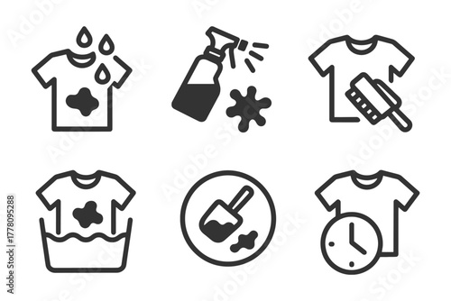 Laundry stain removal techniques: stain symbols and cleaning tools.