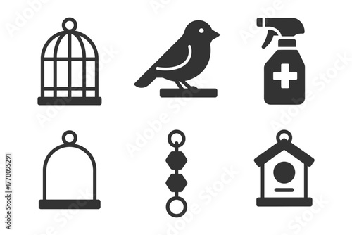 Pet bird care icons: cage, bird, spray bottle, swing, toy, birdhouse symbols.